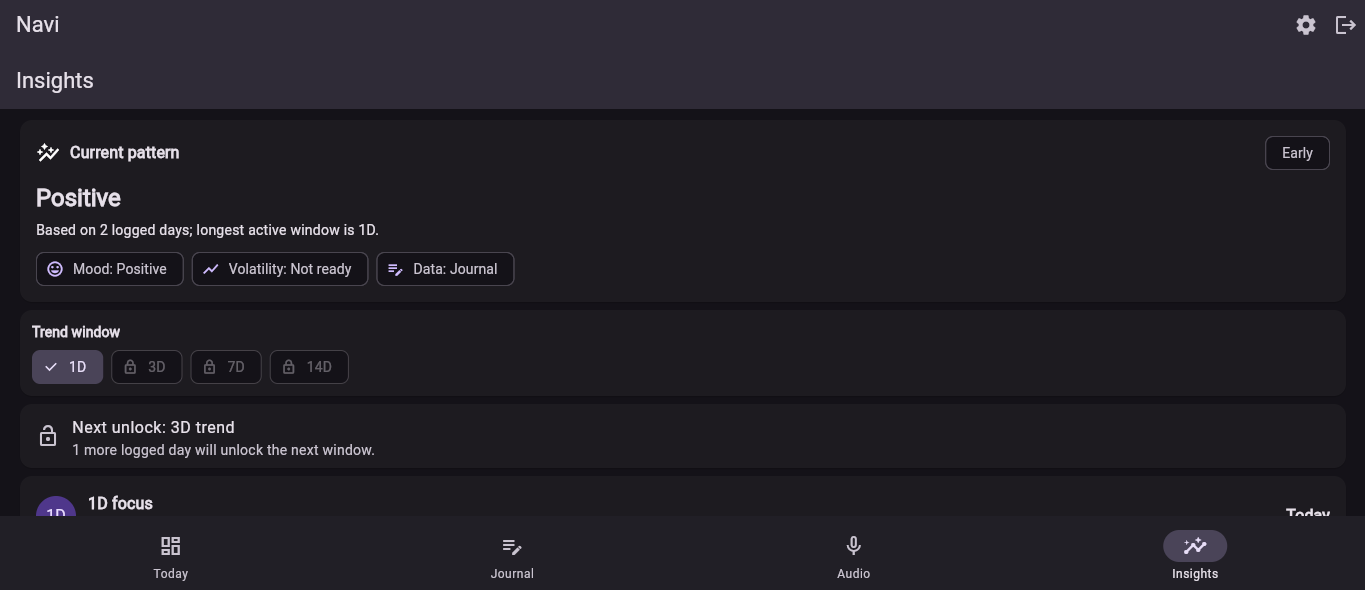 NAVI Insights screen showing current pattern and trend windows.